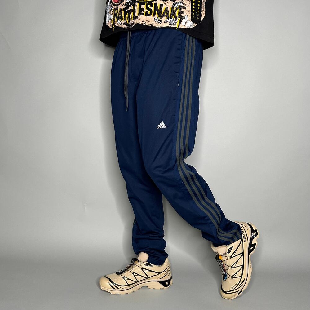 Vintage Y2K Adidas Sweatpants Mens XL Navy Blue Grey 3 Stripes Polyester Joggers